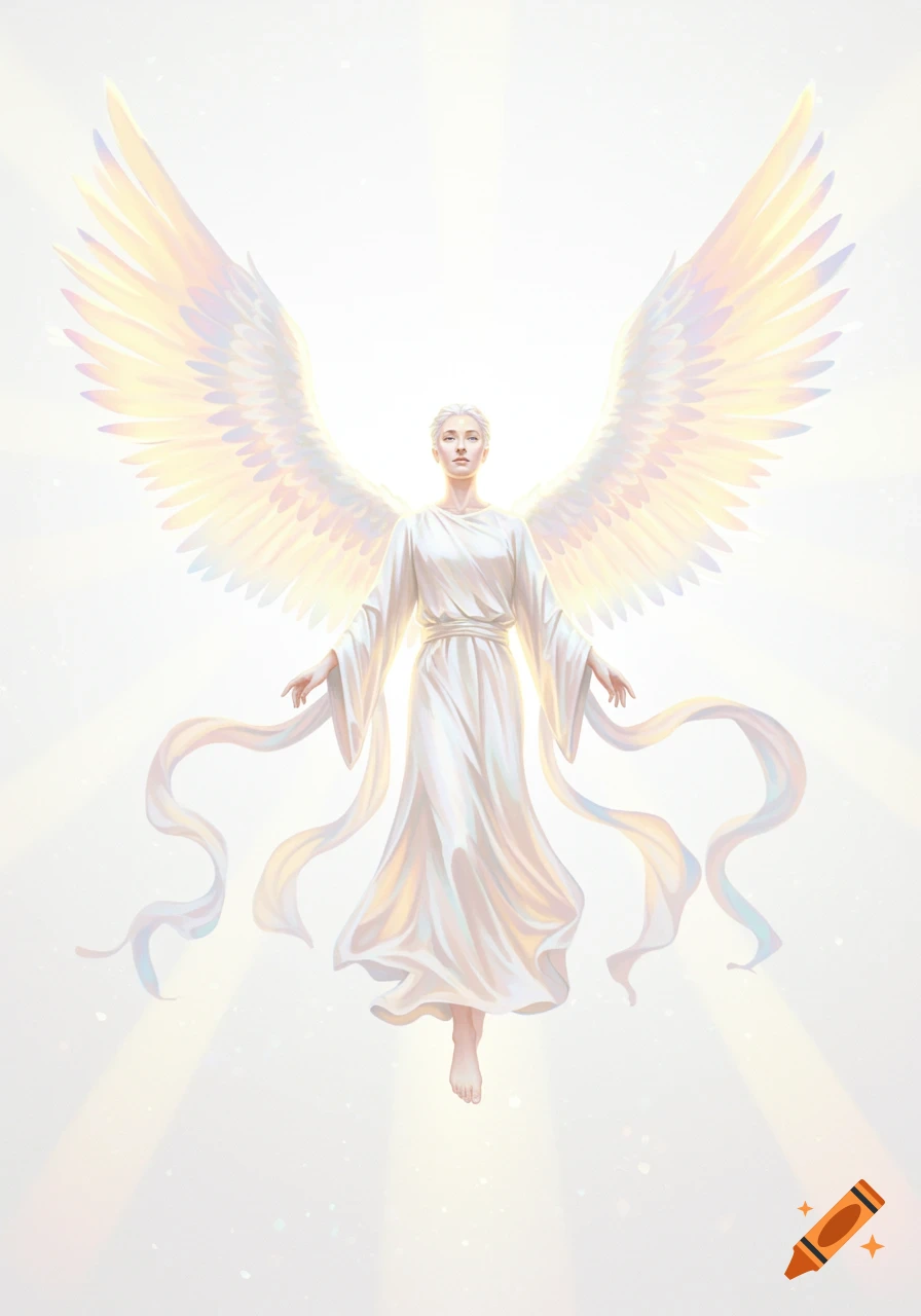 A serene, white-robed angel with large, radiant wings floats in a brilliant, ethereal white void.