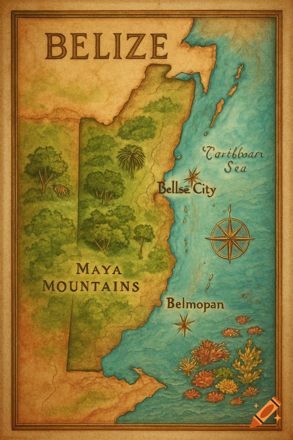 A vintage-style illustrated map of Belize showing land, sea, mountains, and labeled cities.
