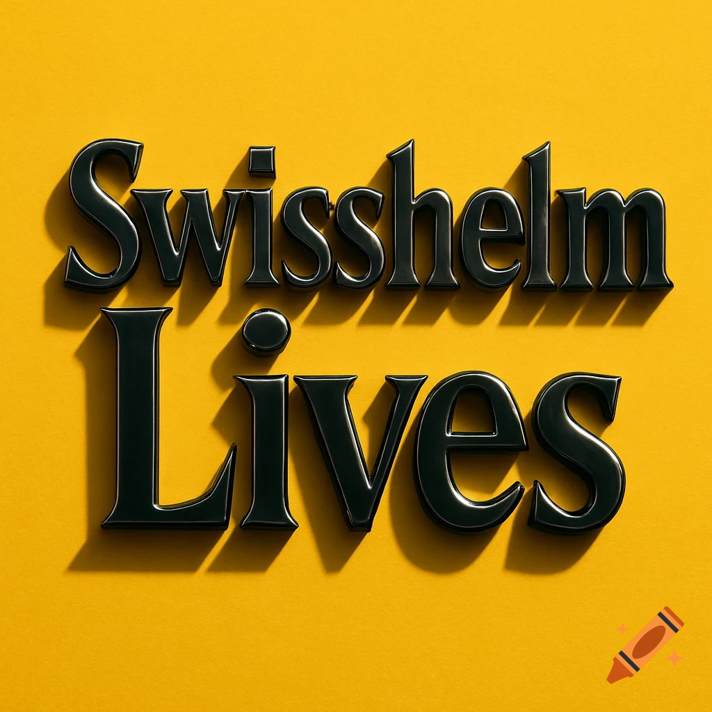 Black 3D rendered text spelling 'Swisshelm Lives' with shadows on a bright yellow background.