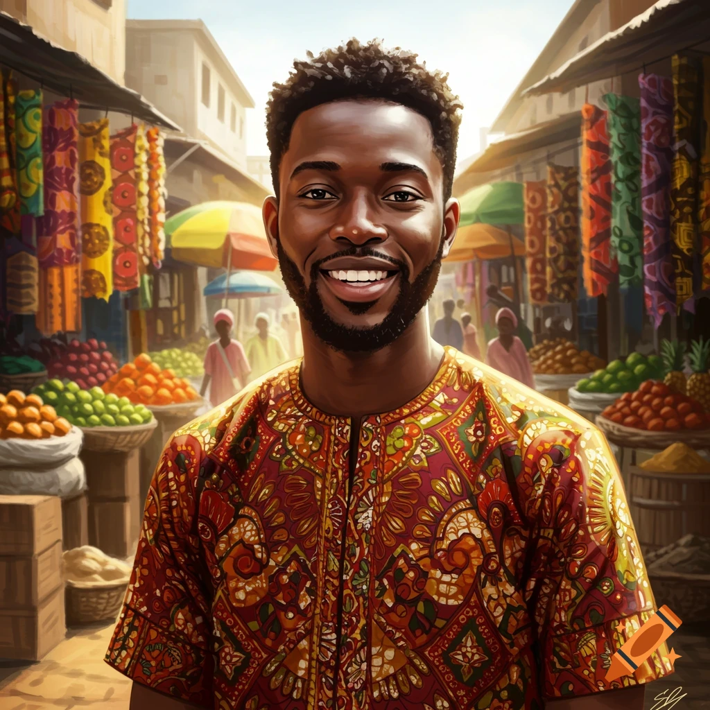 A smiling man in a traditional patterned shirt stands in a vibrant marketplace with stalls of produce and fabrics.