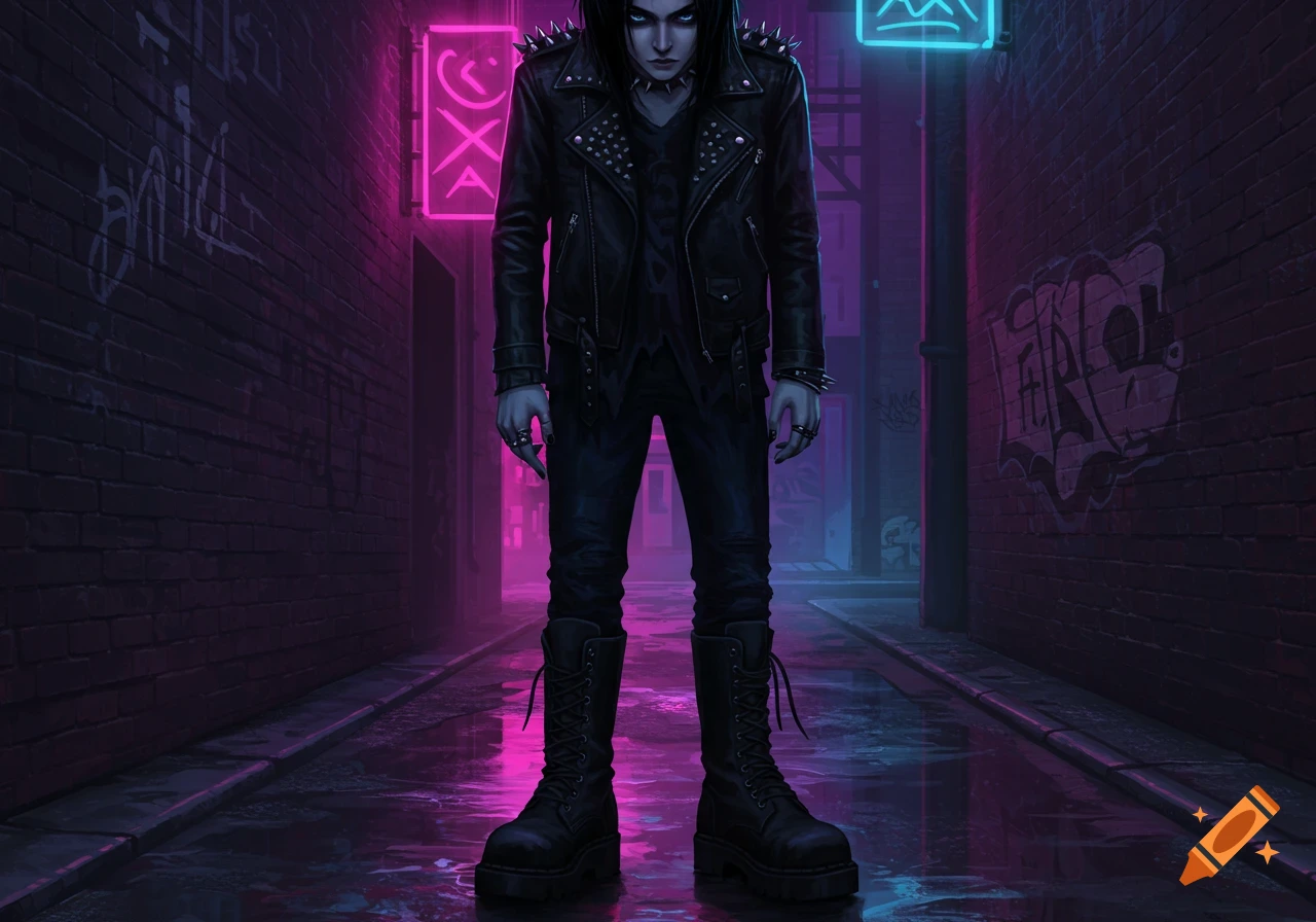 An emo person with long black hair, a spiked leather jacket, and large black boots stands in a dark, neon-lit alleyway.