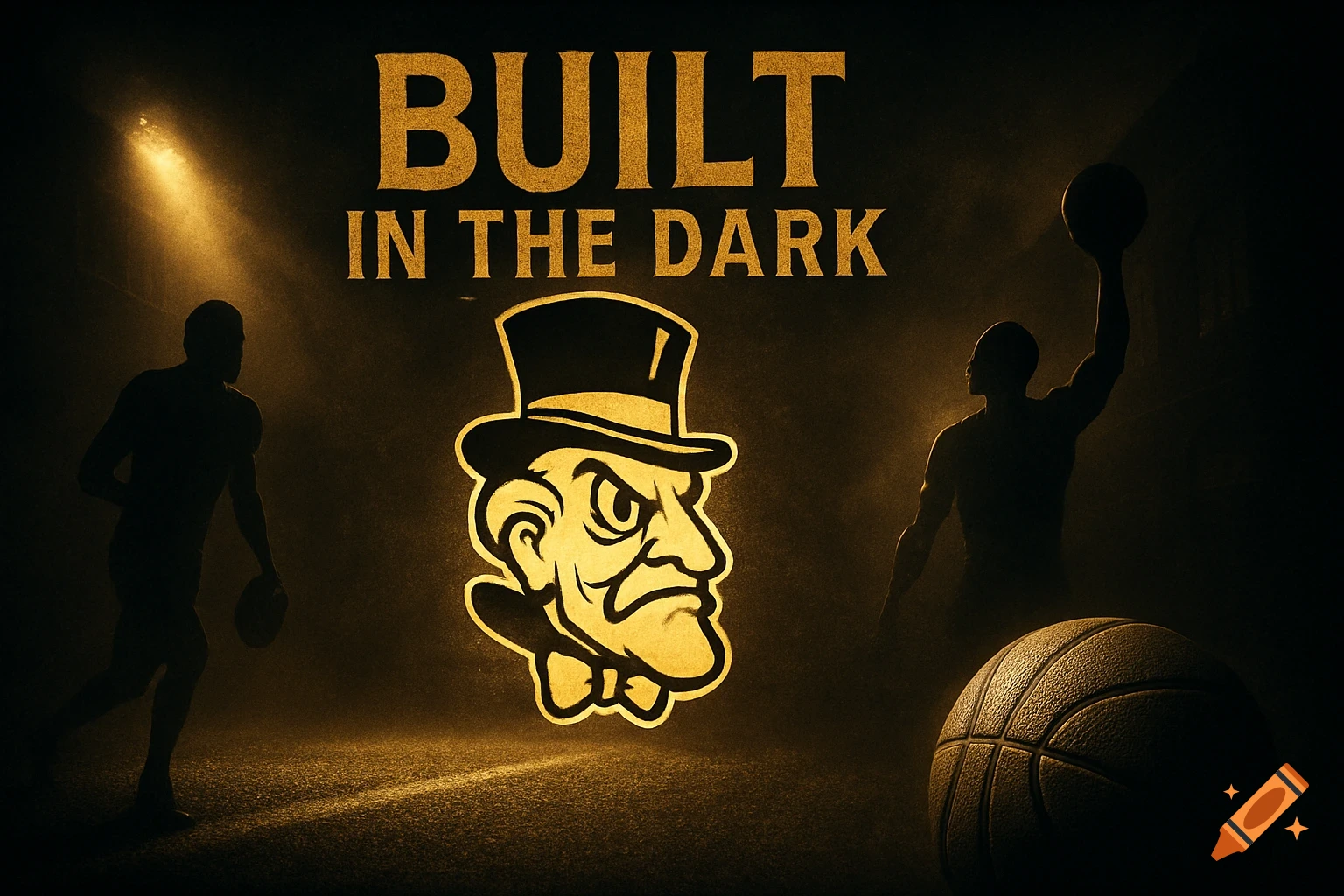 A dark, gritty basketball-themed image with silhouetted players, a large basketball, and a golden mascot logo of an angry man in a top hat, with the text "BUILT IN THE DARK".