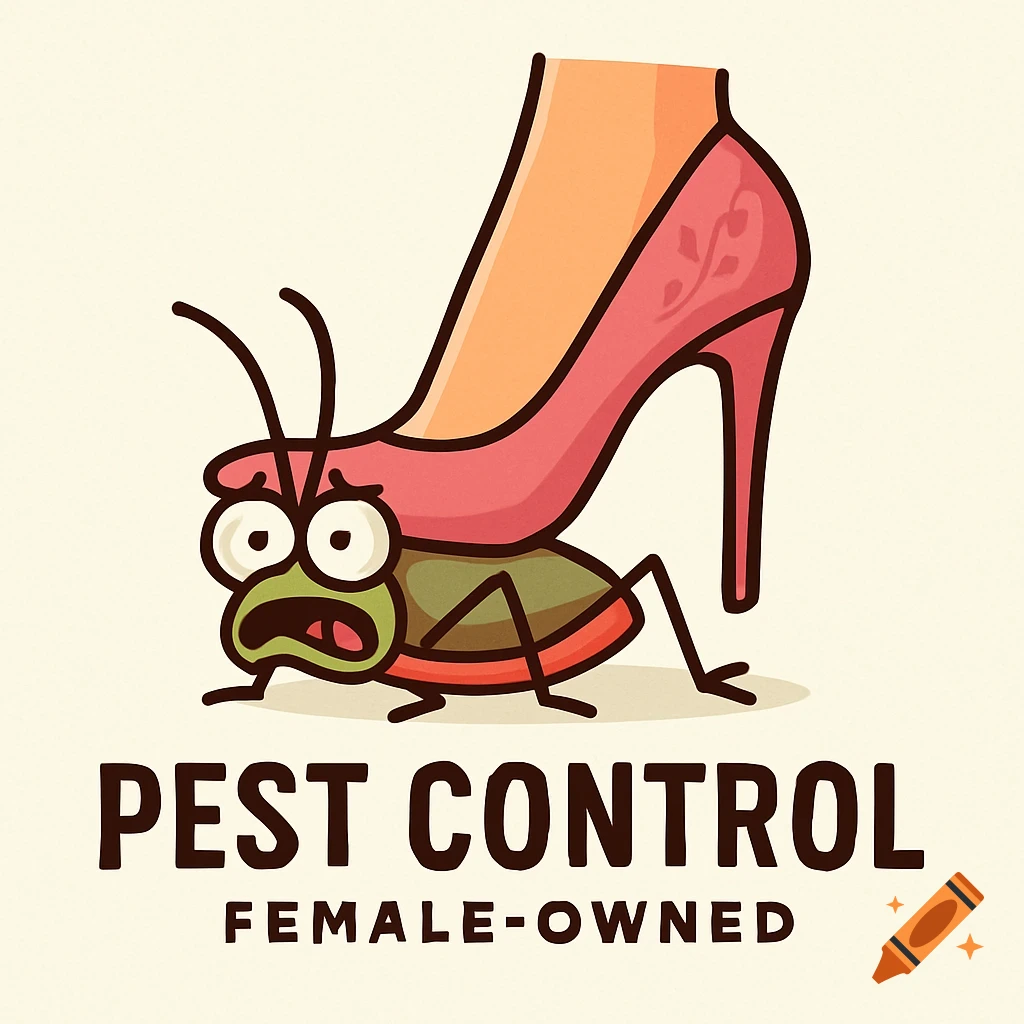 Cartoon logo with a pink high-heel shoe crushing a terrified green bug, with text 'PEST CONTROL FEMALE-OWNED'.