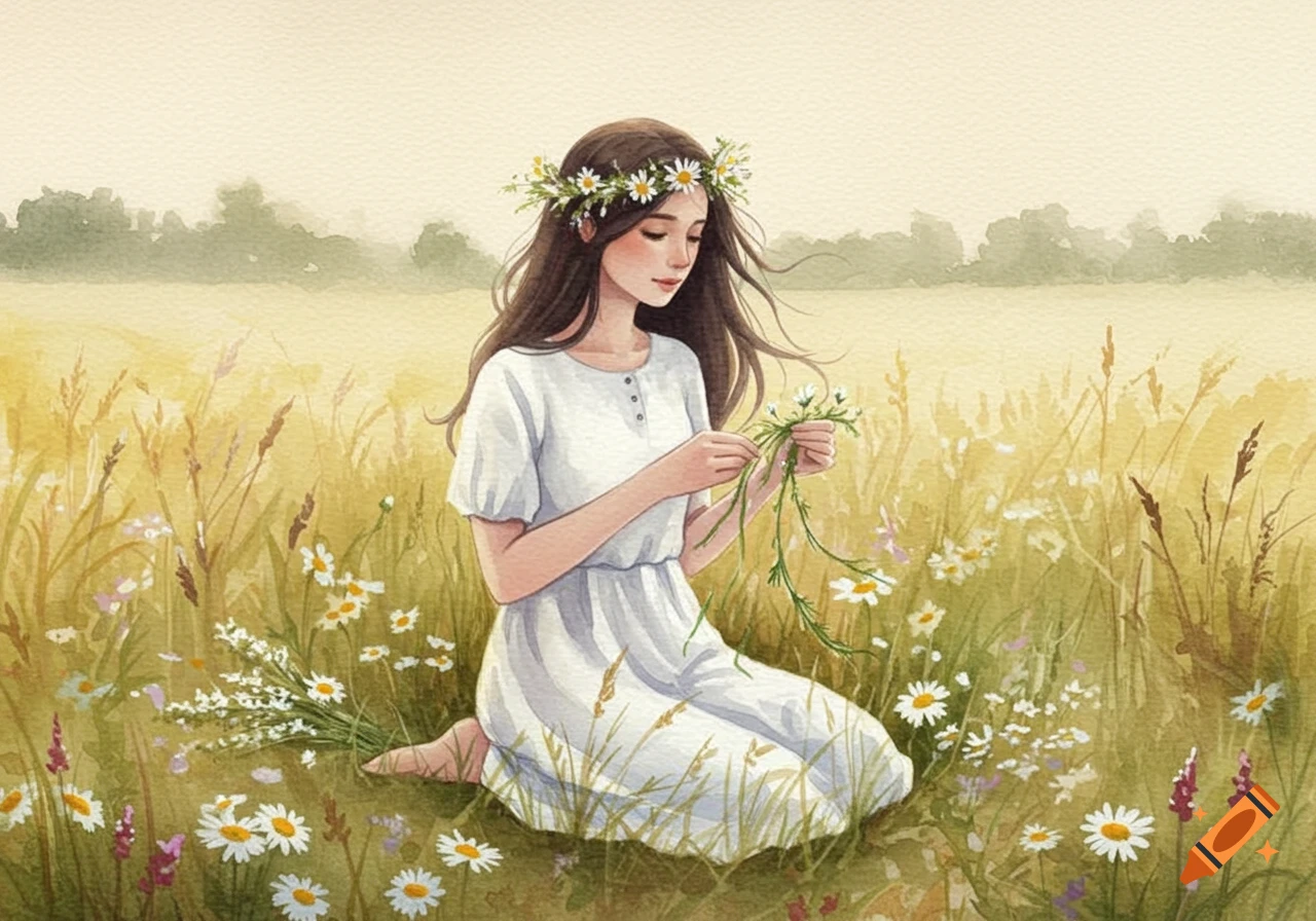 Watercolor illustration of a girl with dark hair sitting in a field, making a flower crown.