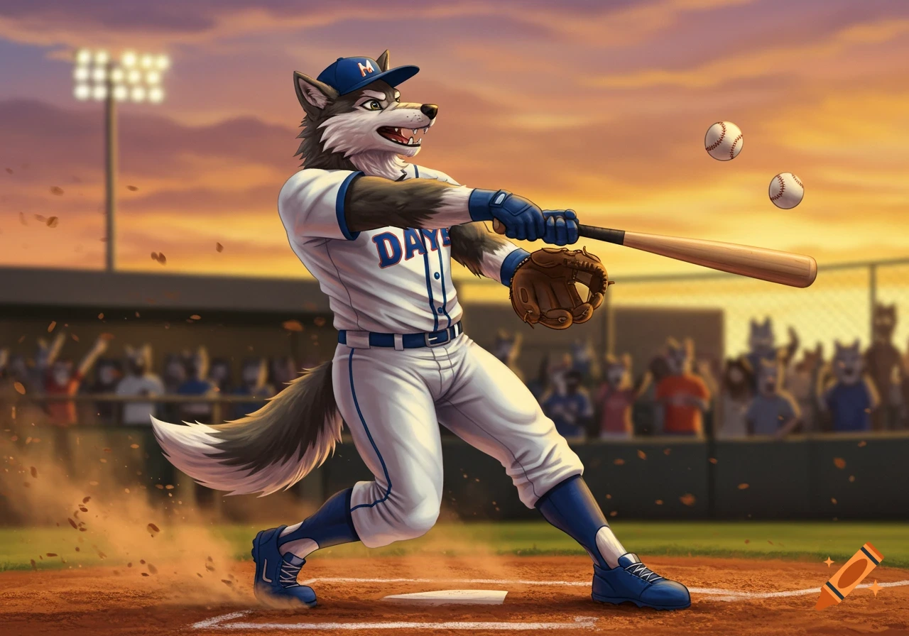 An anthropomorphic wolf baseball player in a white and blue uniform swings a bat at a baseball on a dirt field at sunset.
