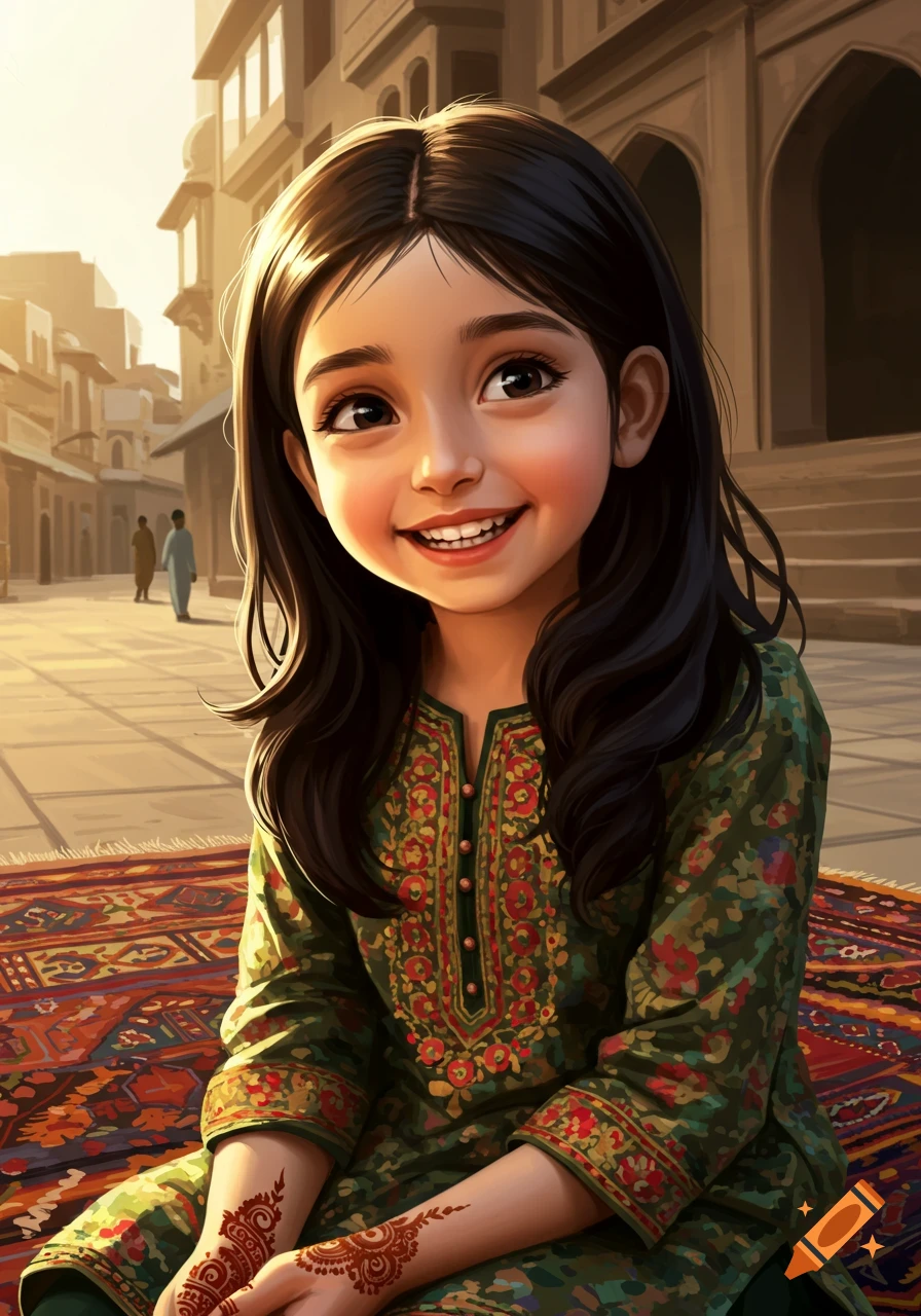 A smiling Pakistani girl with henna on her hands sits on a patterned rug in a sunlit street, cartoon style.