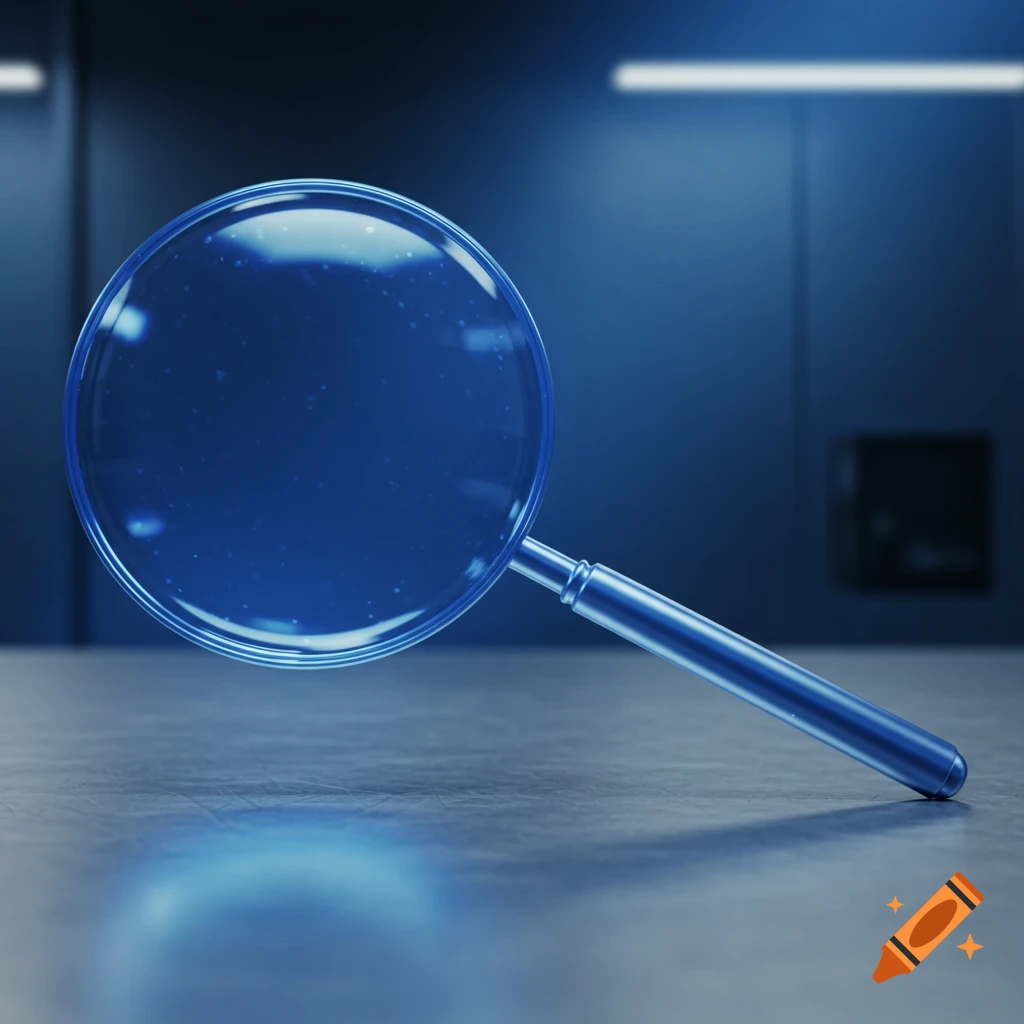 A blue magnifying glass lies on a reflective dark surface in a dimly lit, futuristic room.