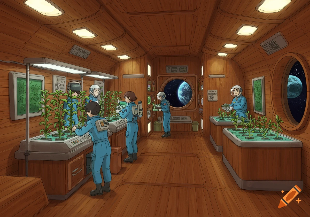 Astronauts tend to plants in a wood-paneled space station with a view of Earth and another planet through portholes, in anime style.