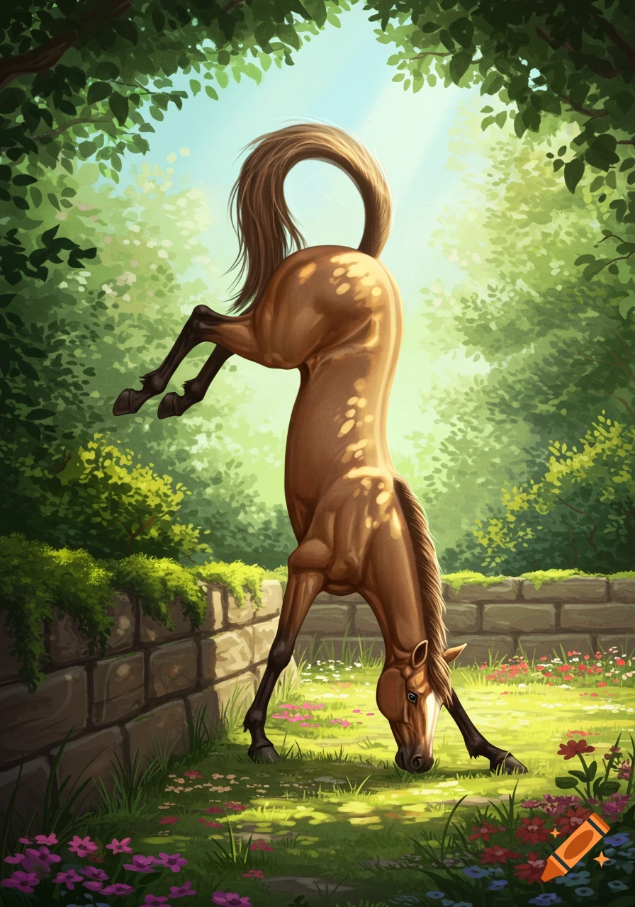 A brown horse stretches like a cat in a bright, illustrated garden, hind legs on a stone wall, head to the ground.