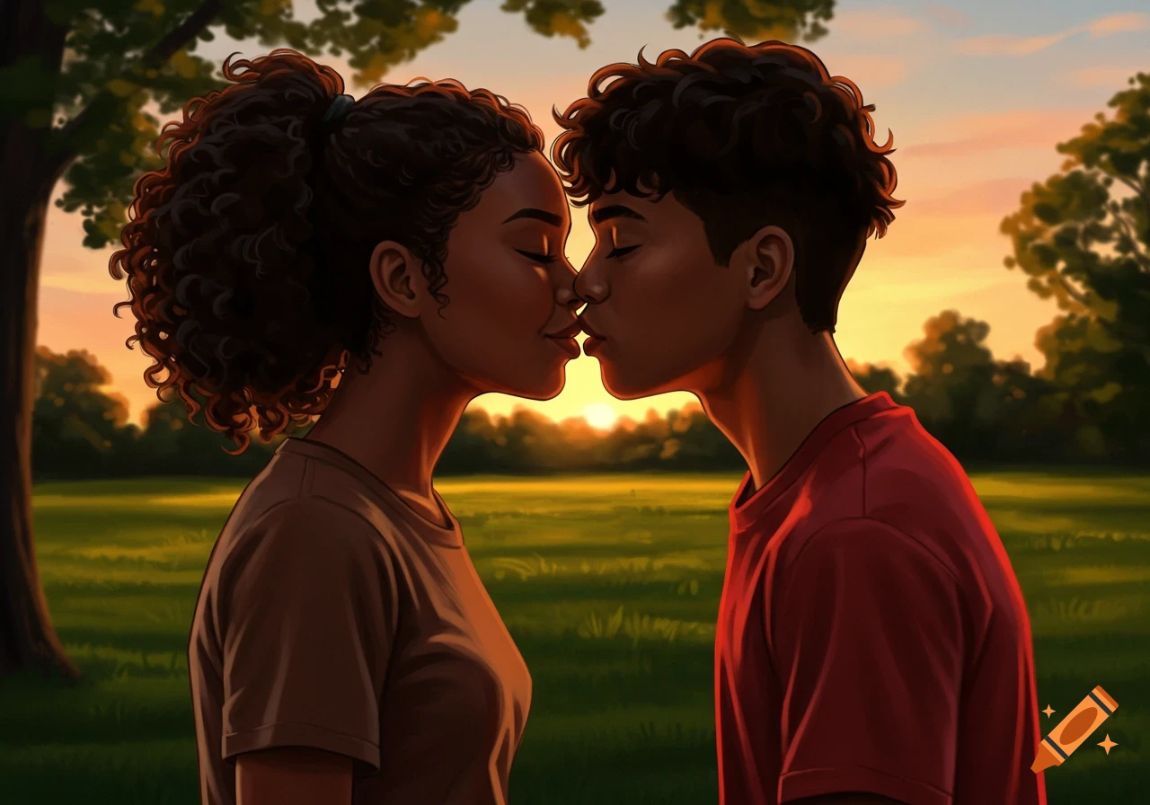 A boy and a girl with curly hair are about to kiss in a green field at sunset, in an illustrative style.