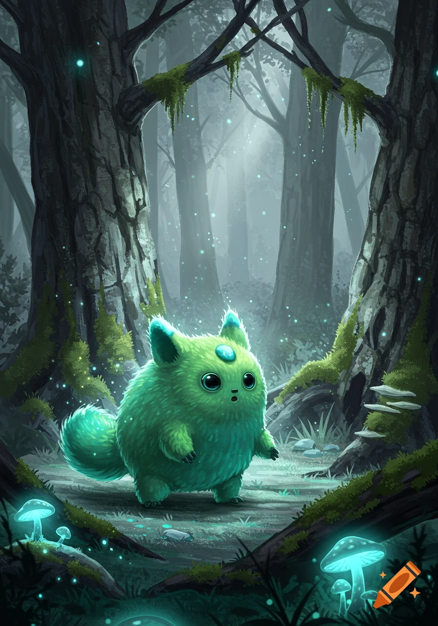 A fluffy green creature with large black eyes and small ears stands in a misty, dark forest with glowing blue mushrooms and floating lights.