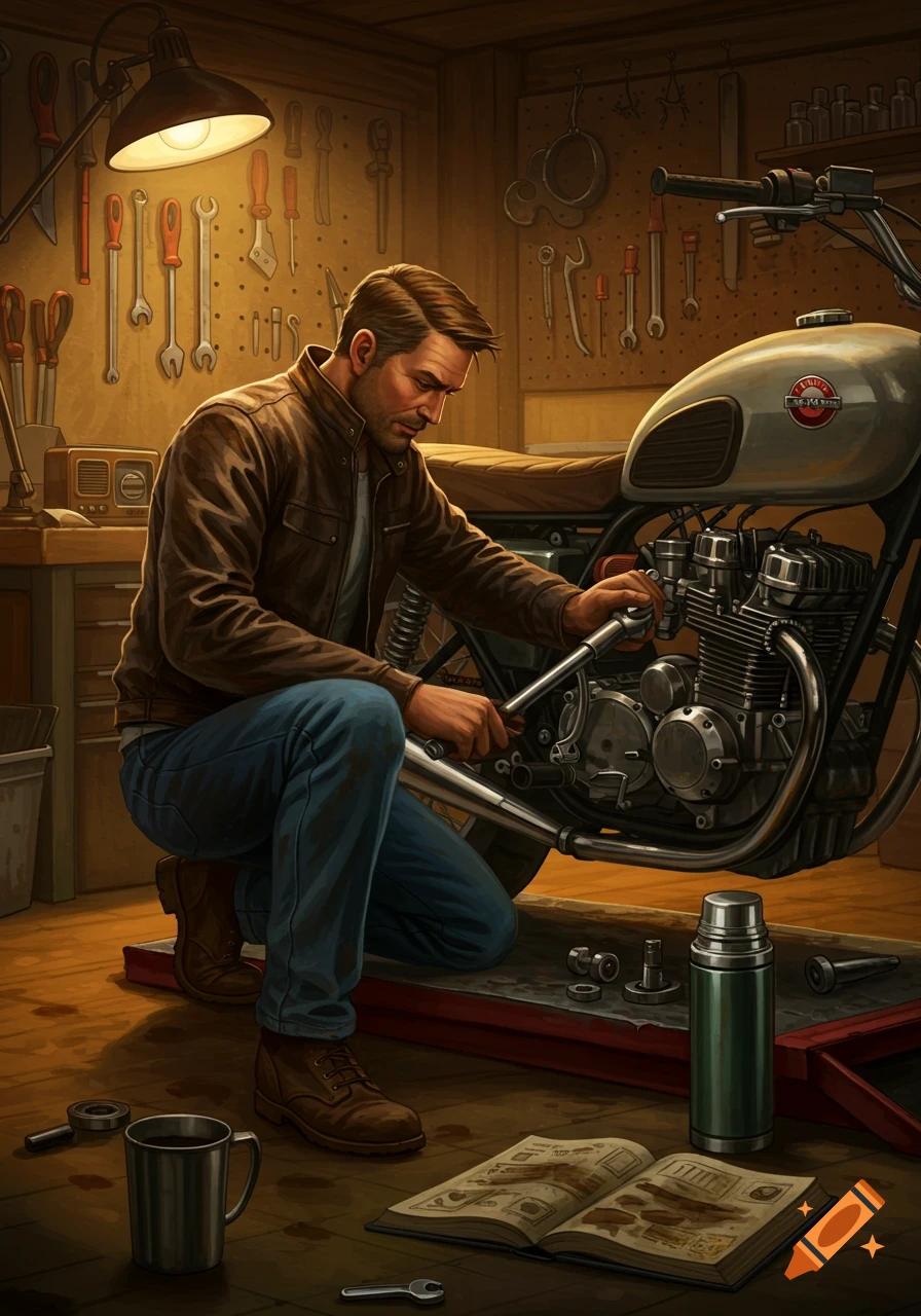 A man crouches in a warm, lit garage, meticulously working on a vintage motorcycle engine with a wrench, surrounded by tools.