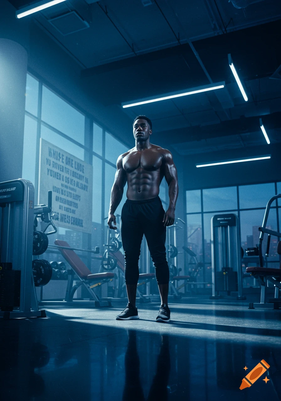 Photorealistic image of a muscular man posing in a dimly lit gym.