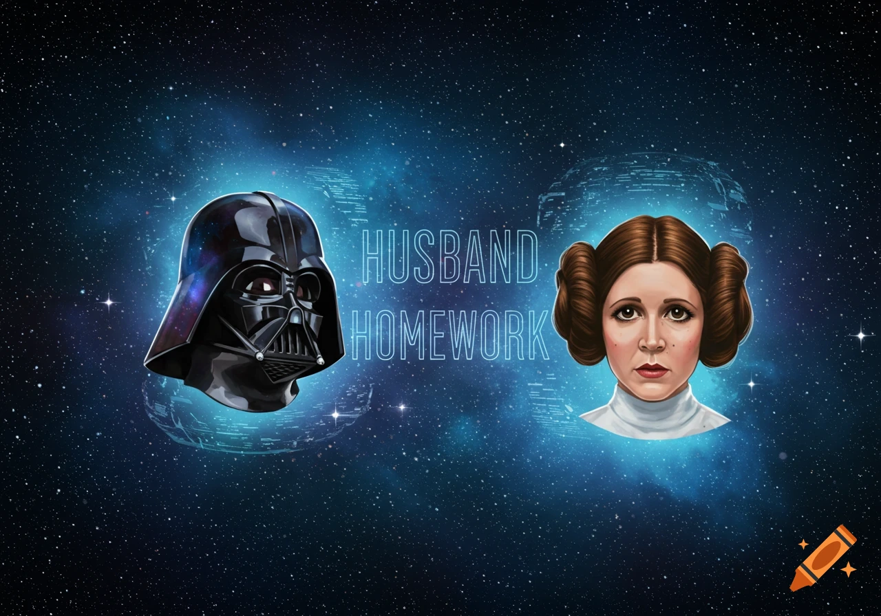 Illustrations of Darth Vader's helmet and Princess Leia's head floating in a starry blue galaxy with the text "HUSBAND HOMEWORK."