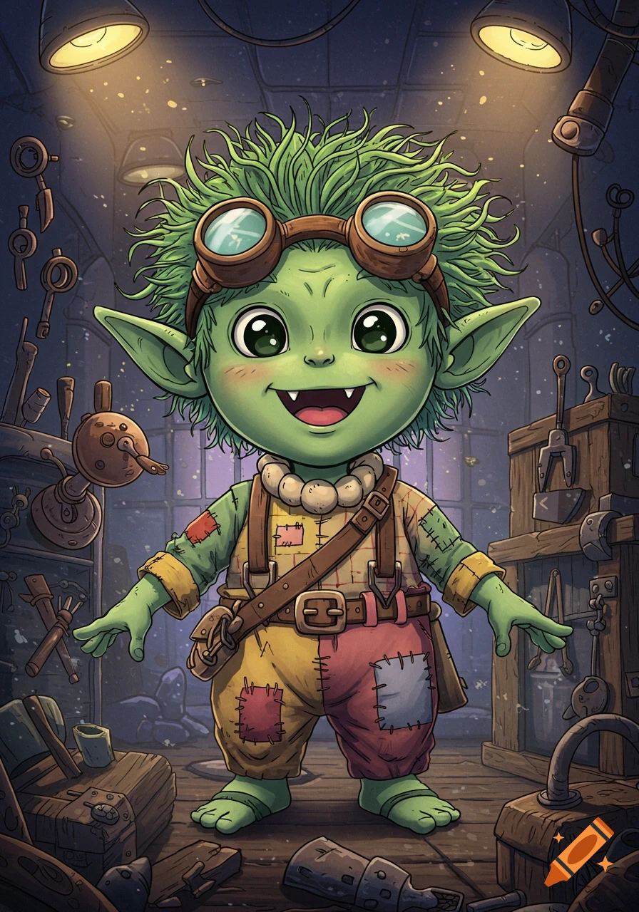 A smiling green alien with pointy ears, goggles, and patched clothes stands in a workshop filled with tools, in an anime art style.