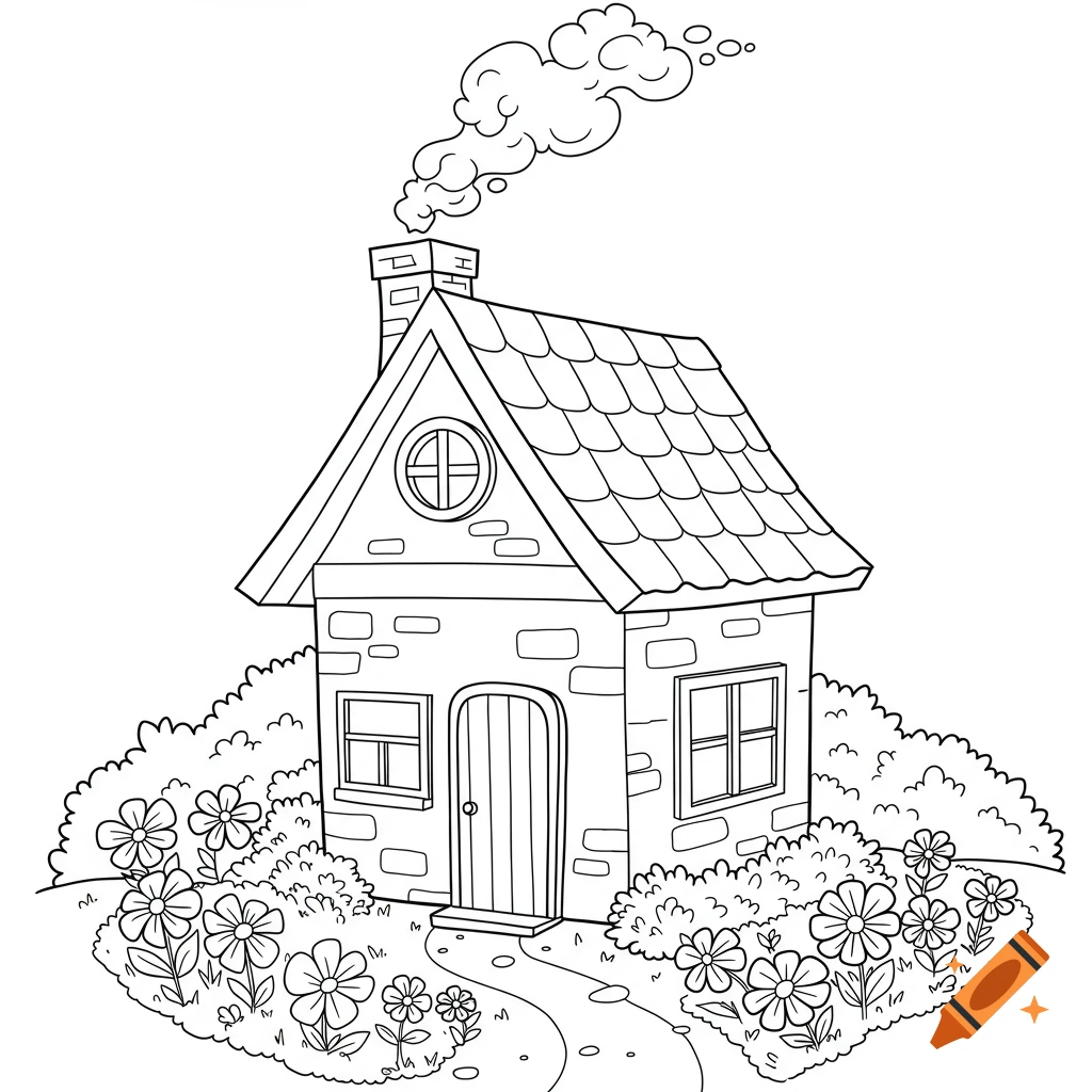 Black and white line art cartoon house with a smoking chimney, surrounded by a garden with flowers and a path.