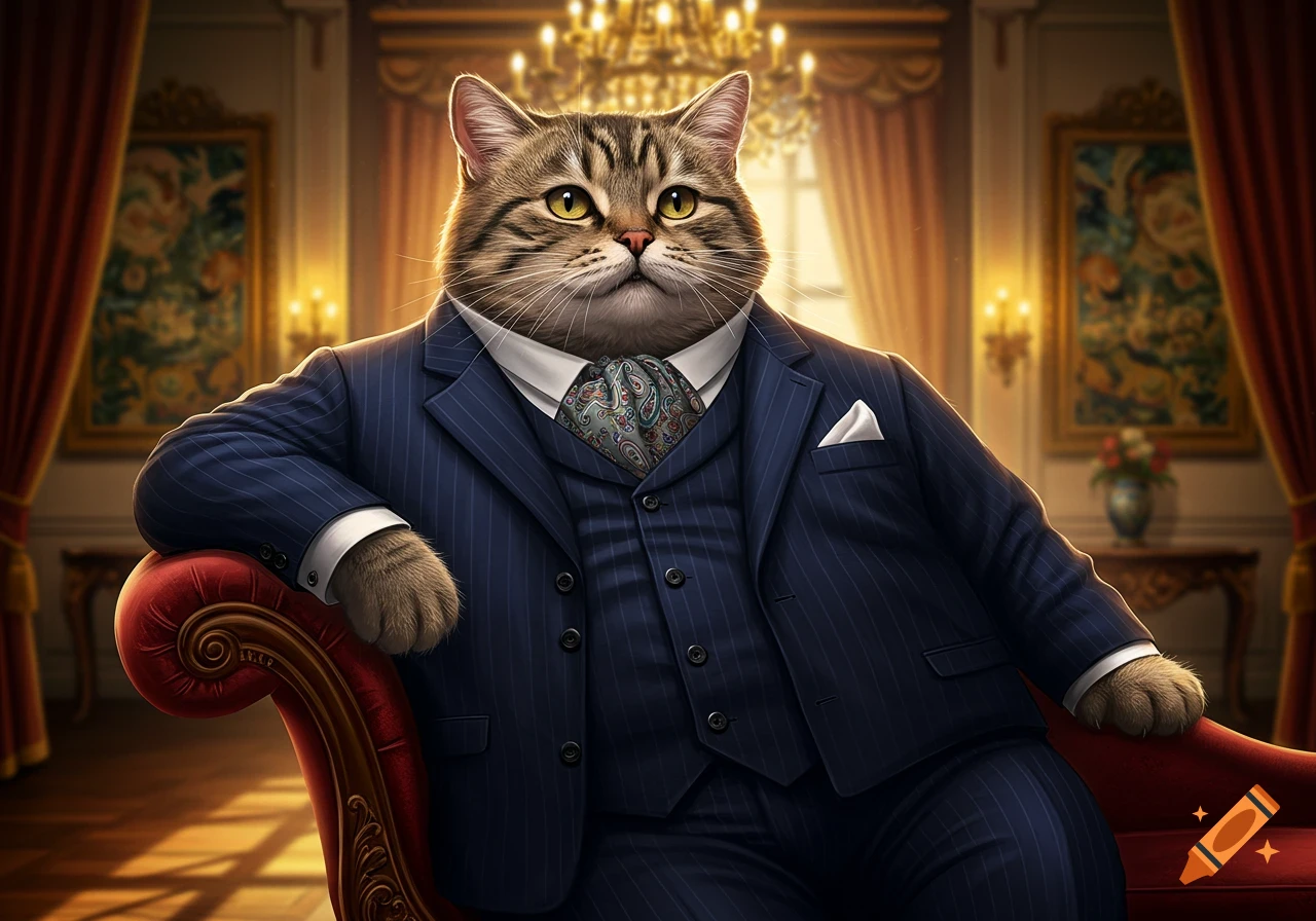 A portly tabby cat in a blue pinstripe suit and cravat reclines on a red velvet chaise lounge in a luxurious room.