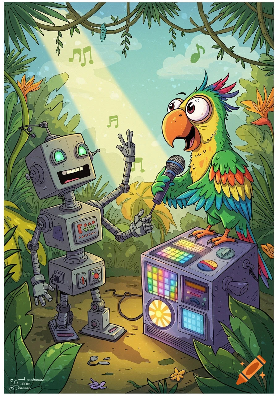 A colorful cartoon parrot sings karaoke into a microphone while standing on a glowing music box, next to a smiling grey robot in a jungle.