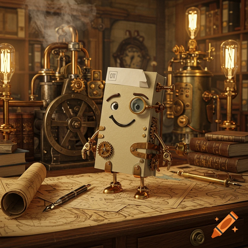 A steampunk paperclip character with a monocle and gears stands on a desk in a vintage library with machinery.