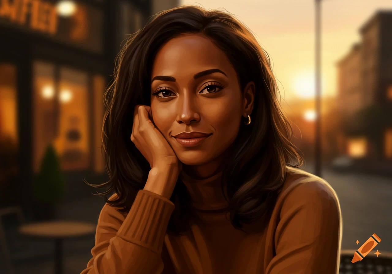 A woman with dark brown hair and eyes, wearing a brown turtleneck, smiles with her chin resting on her hand, in a soft, illuminated outdoor setting.