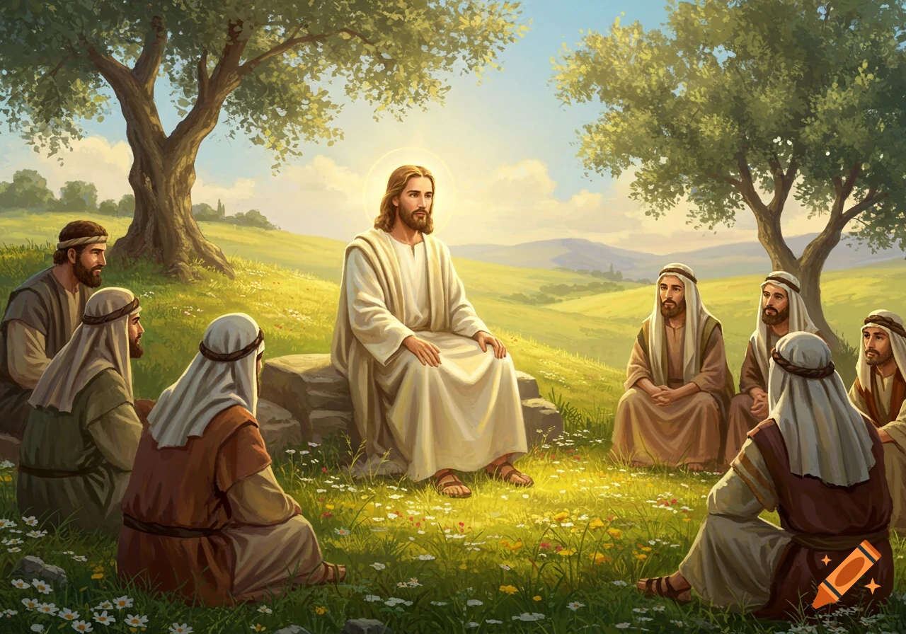 A painting of Jesus Christ sitting on a rock, preaching to his disciples on a grassy hillside under trees.