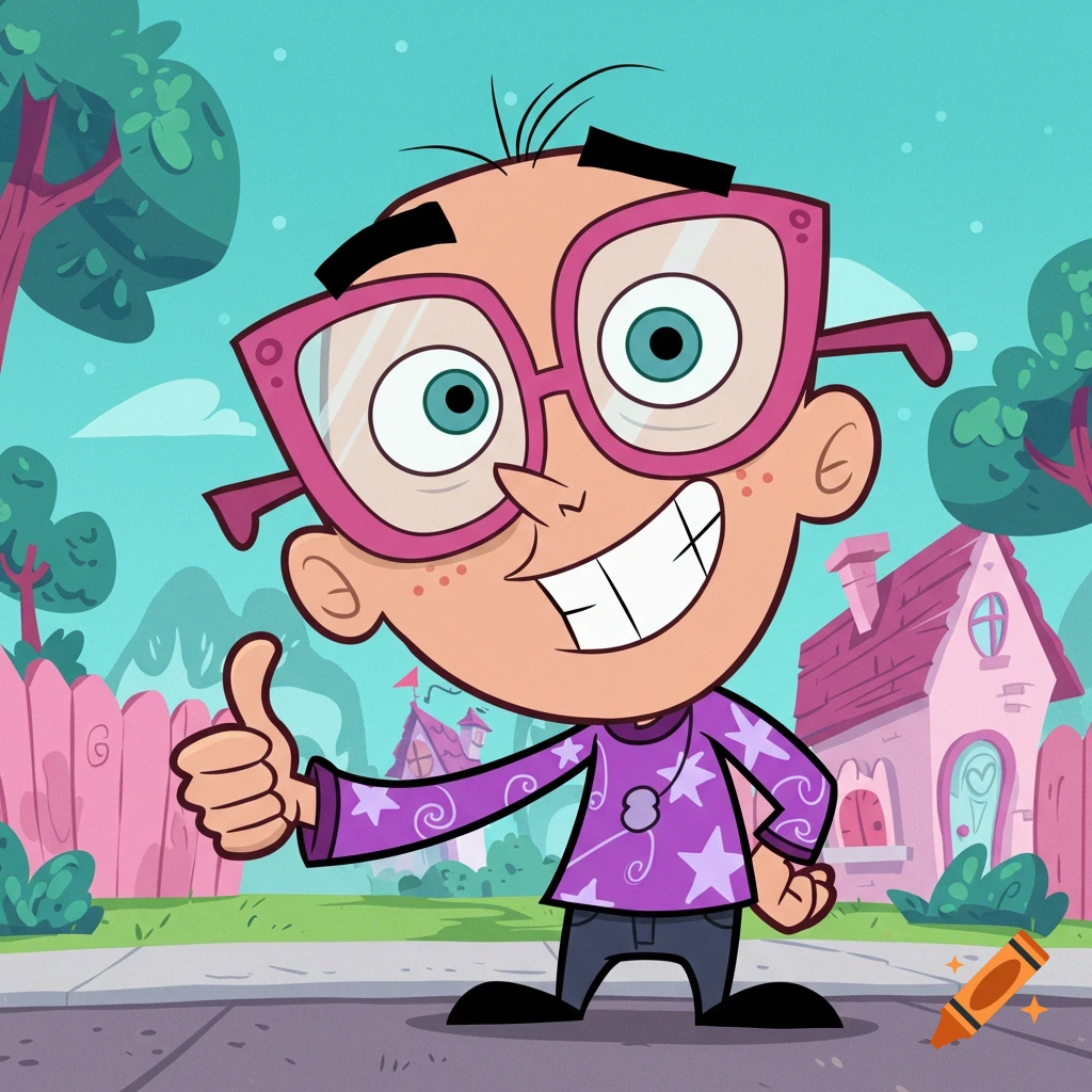 A cartoon character with large pink glasses and a purple shirt with stars gives a thumbs up in a whimsical neighborhood.