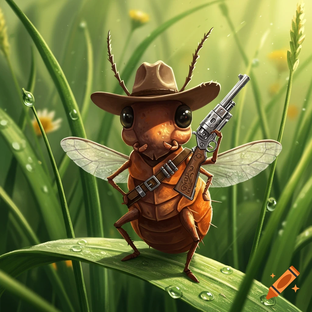 A cute, cartoonish aphid wearing a cowboy hat and holding a large revolver, standing on a dew-covered blade of grass.