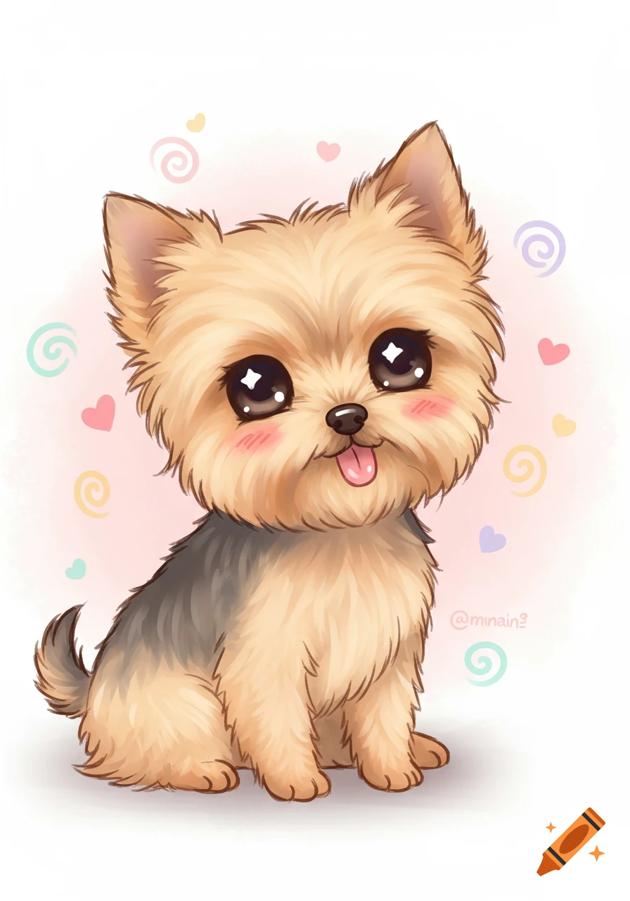 A cute chibi Yorkshire Terrier puppy with big sparkling eyes, pink cheeks, and tongue out, against a pink background with hearts and swirls.