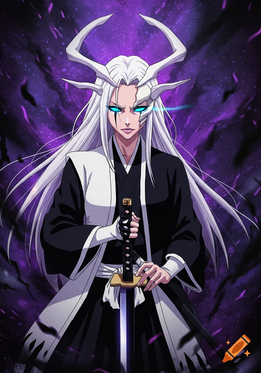 Anime woman with long white hair, horns, a partial mask, and glowing blue eyes, holding a katana against a purple background.