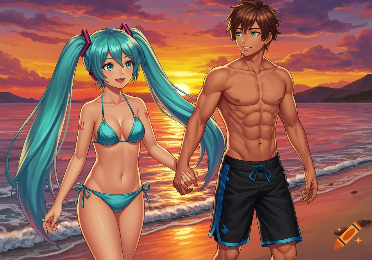 Anime-style illustration of Hatsune Miku in a bikini and a young man in shorts holding hands on a beach at sunset.