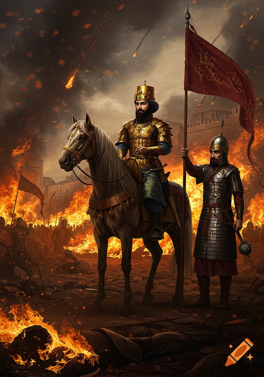 An ancient Persian king on a horse and a soldier holding a red banner amidst a fiery battlefield with a burning fortress in the background.