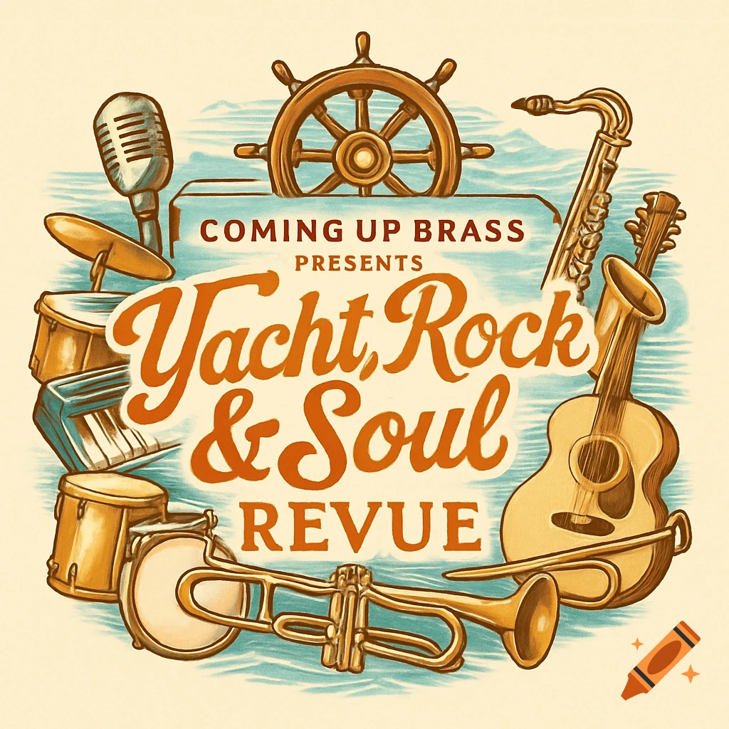 A vintage music event logo with a ship's wheel, microphone, drums, keyboard, saxophone, trumpet, and guitar surrounding text reading 'Yacht, Rock & Soul Revue'.
