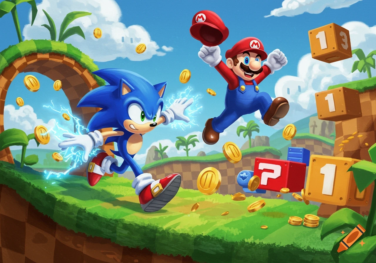 Sonic the Hedgehog and Super Mario run through a vibrant, colorful video game landscape, with coins and blocks scattered around.