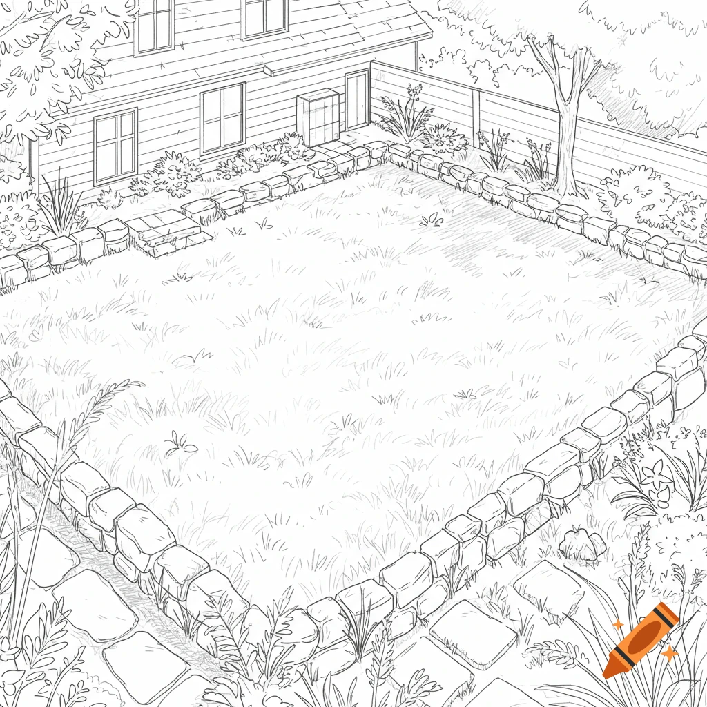 A detailed line art drawing of a house's backyard with a grassy lawn, stone border, and trees.