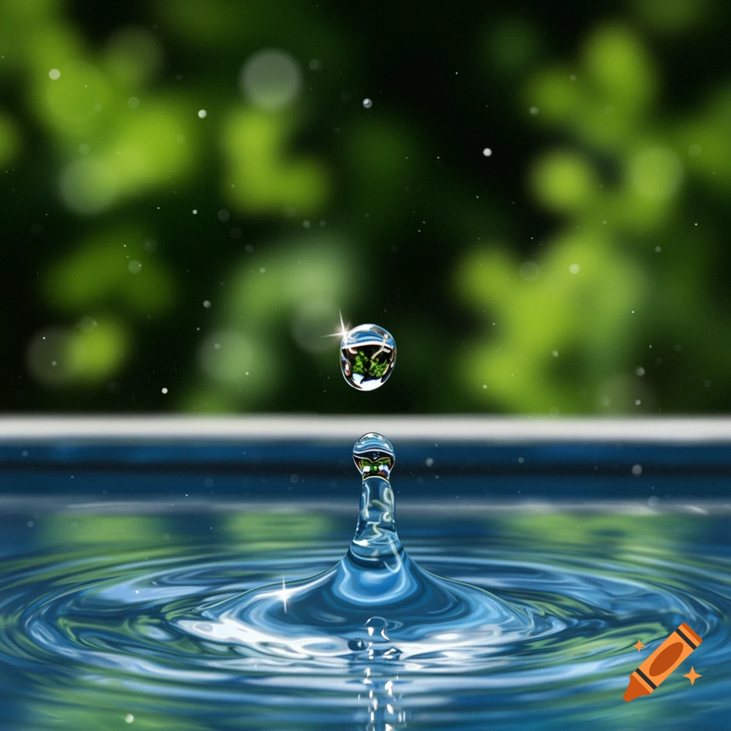 A photorealistic close-up of a water drop splashing, with ripples on the surface and a blurred green background.