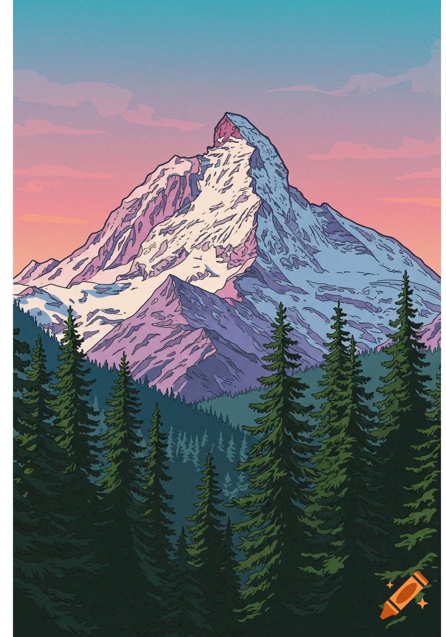 Comic art style illustration of a snow-capped mountain towering over a dense fir forest, under a vibrant sunset sky.