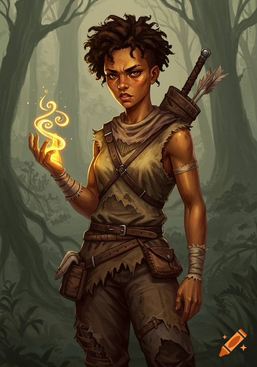 A fierce, dark-skinned female hunter with short curly hair holds glowing magic in a forest. Digital painting.