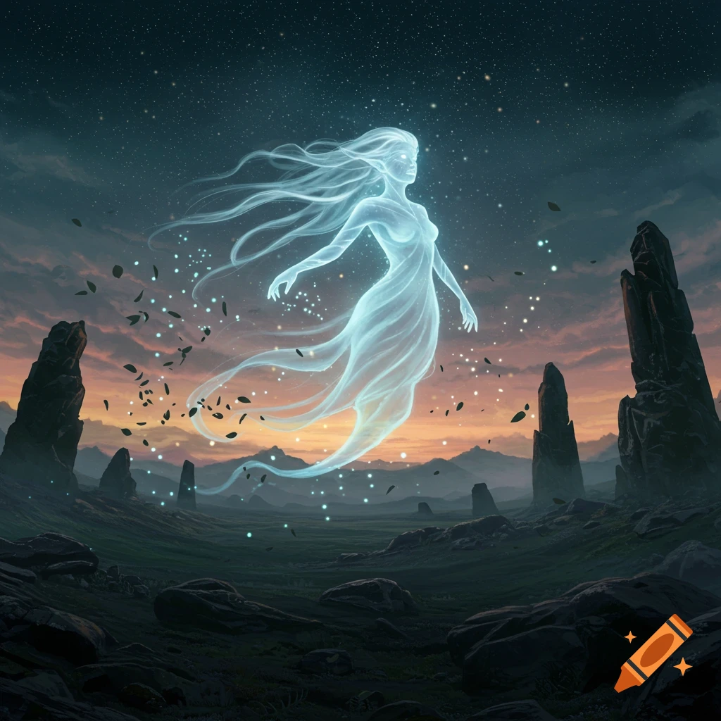 A luminous, ethereal female figure, resembling a wind elemental, floats above a dark, rocky landscape under a starry, twilight sky.
