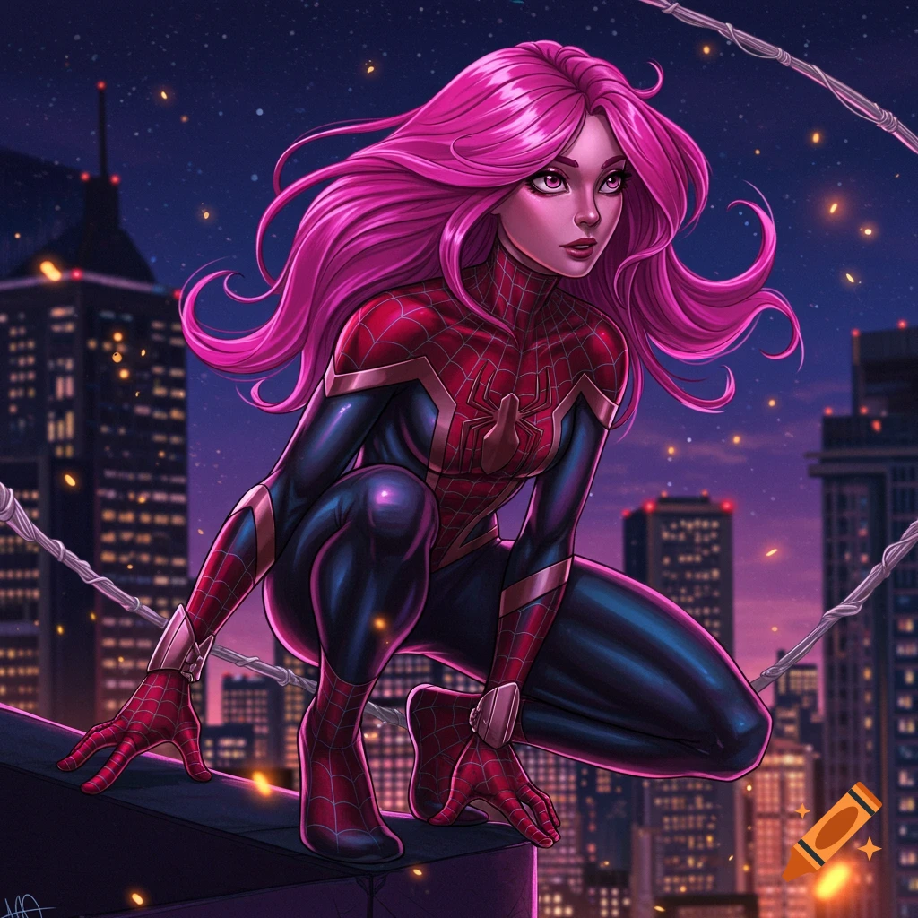 A pink-haired female superhero in a red and black Spider-Man-like suit crouches on a city rooftop at night, looking left.