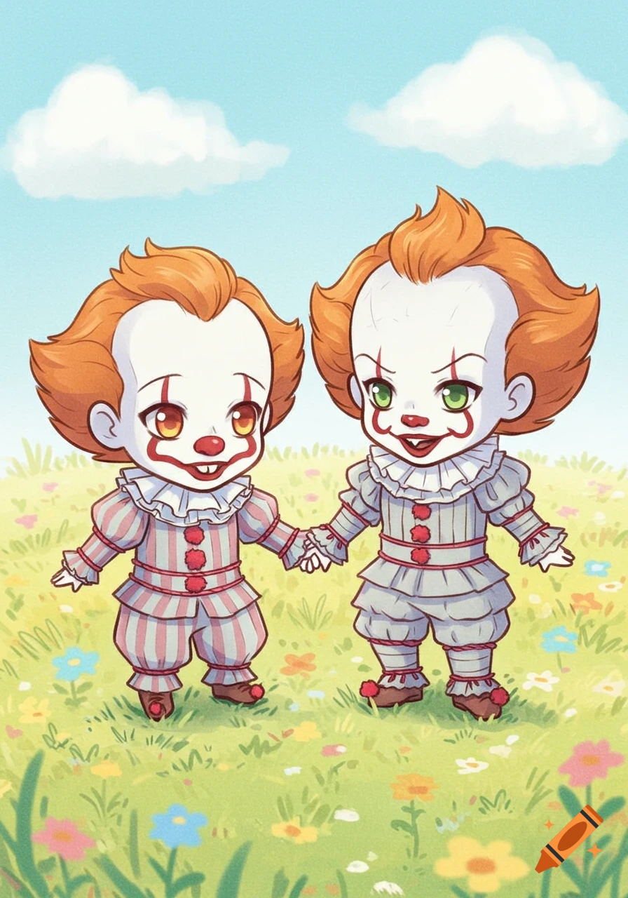 Two cute chibi clowns, one with red hair and a striped suit, the other in a grey ruffled suit, hold hands and skip through a sunny field of flowers.