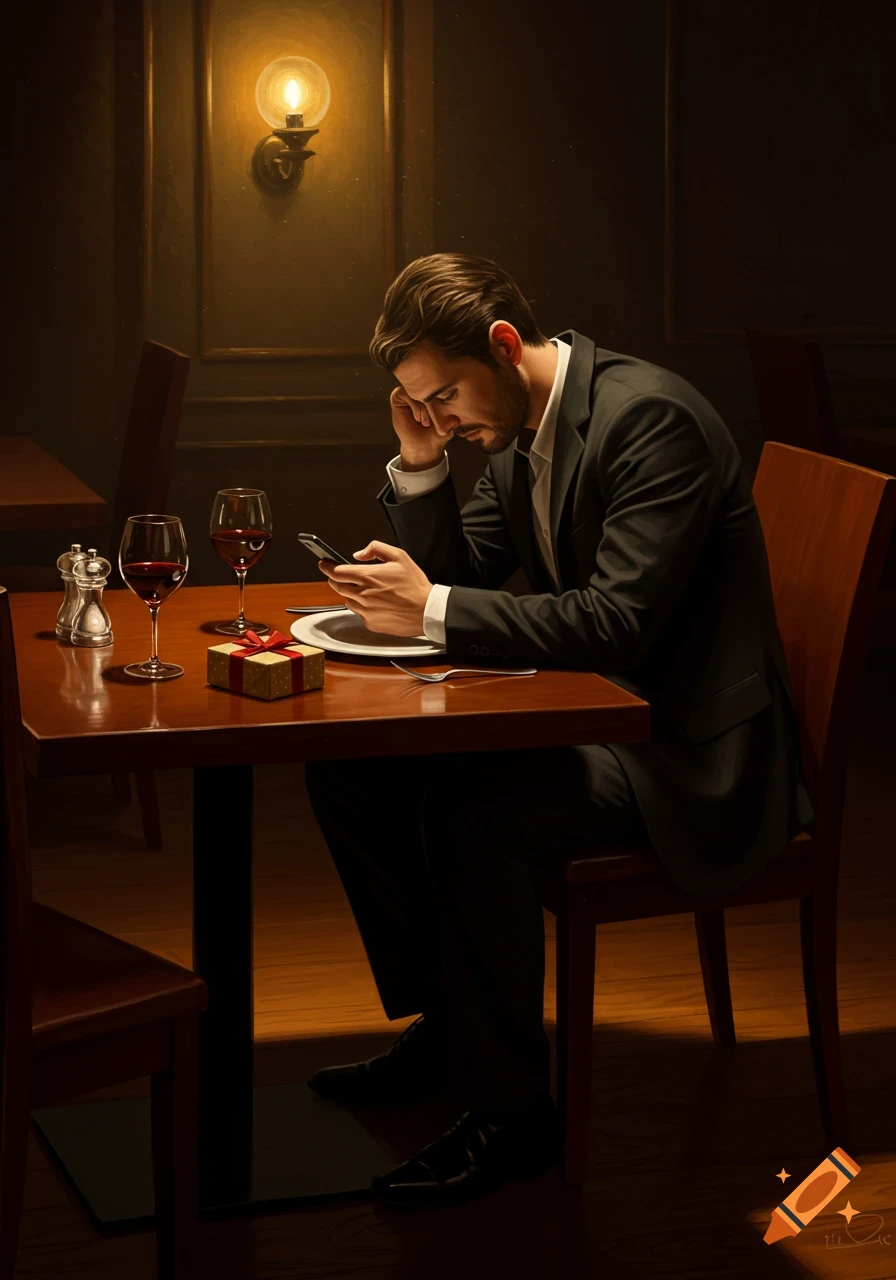 An oil painting of a sad man in a suit looking at his phone at a dimly lit restaurant table with wine glasses and a gift.