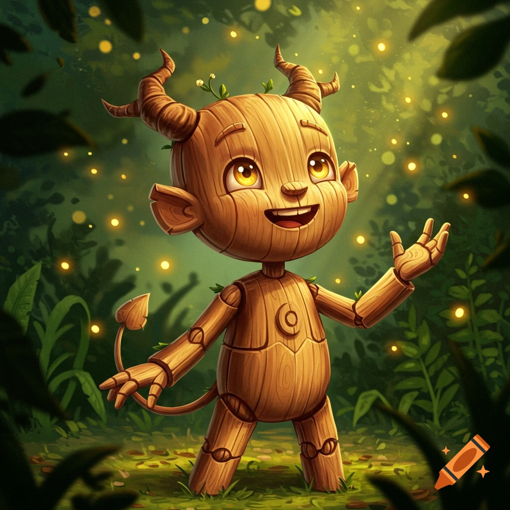 A cute, smiling wooden creature with horns and a tail stands in a mystical forest with glowing fireflies.