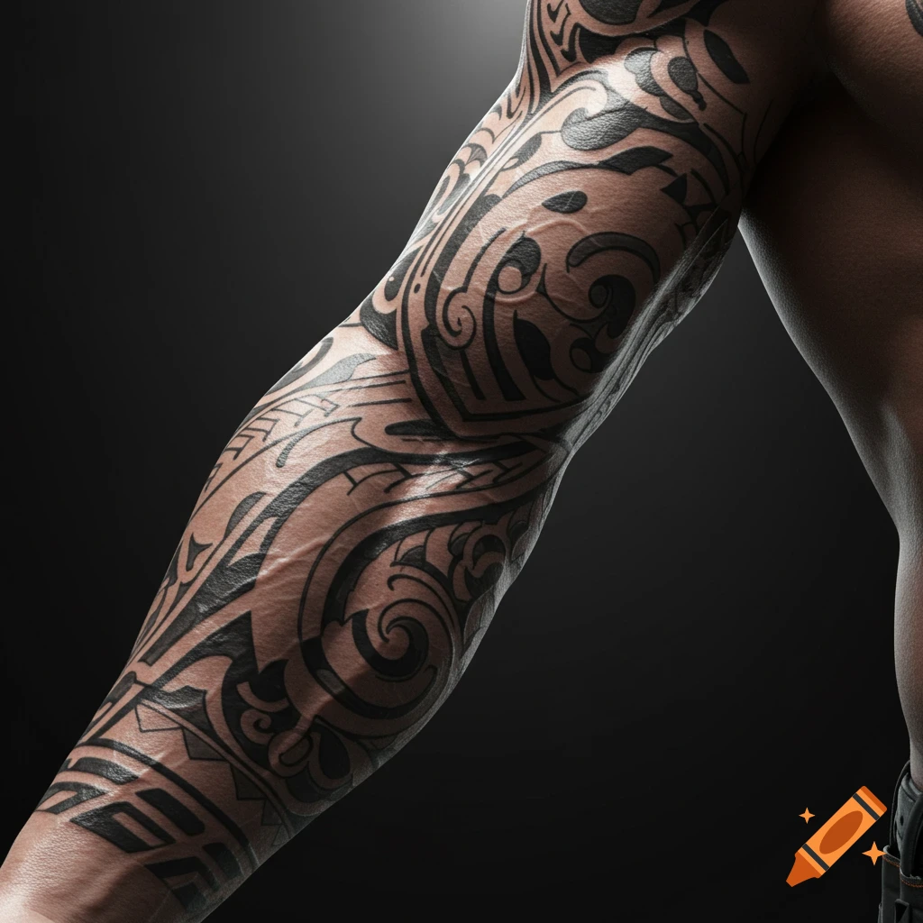 Close-up of a muscular arm with a full sleeve of black Polynesian-style tribal tattoos on a dark background.