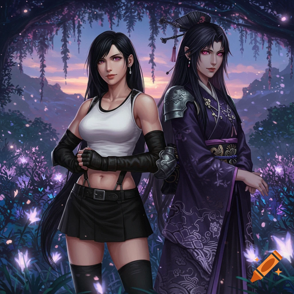 Tifa and Lulu, two female fantasy characters, stand in a mystical, glowing purple forest at sunset, in an anime art style.