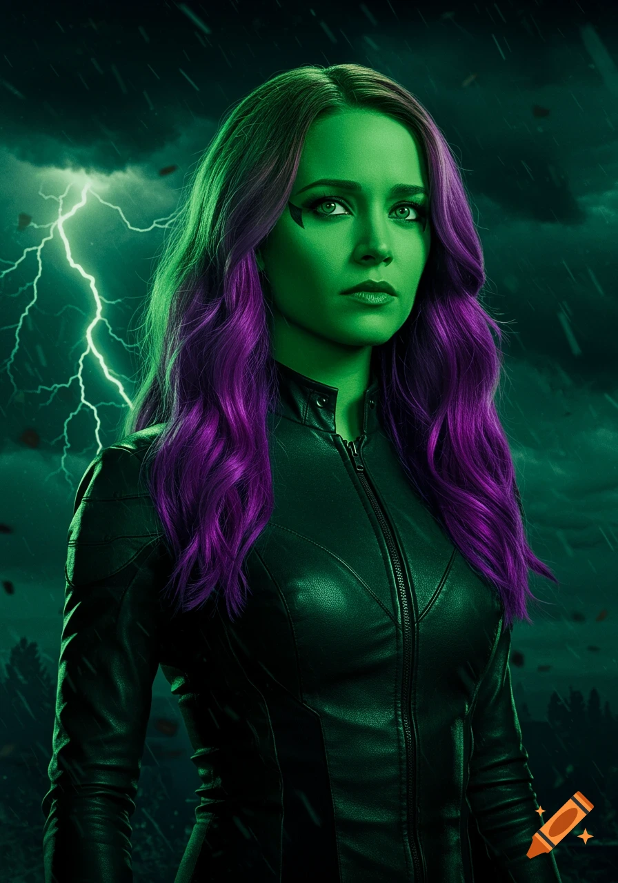 A woman with green skin and long purple hair wears a black leather jacket, standing against a stormy sky with lightning.