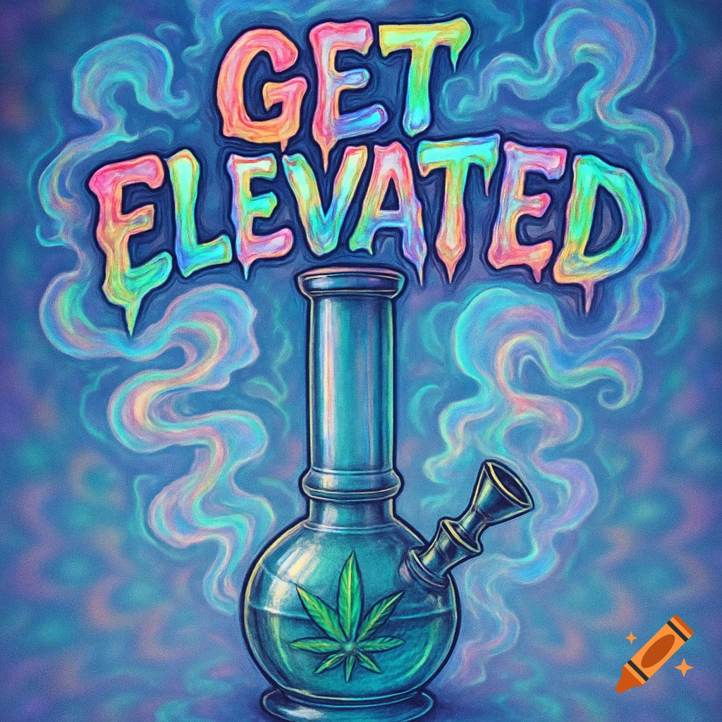 Psychedelic illustration of a teal bong with a cannabis leaf, colorful smoke, and the text 'GET ELEVATED' in dripping letters.