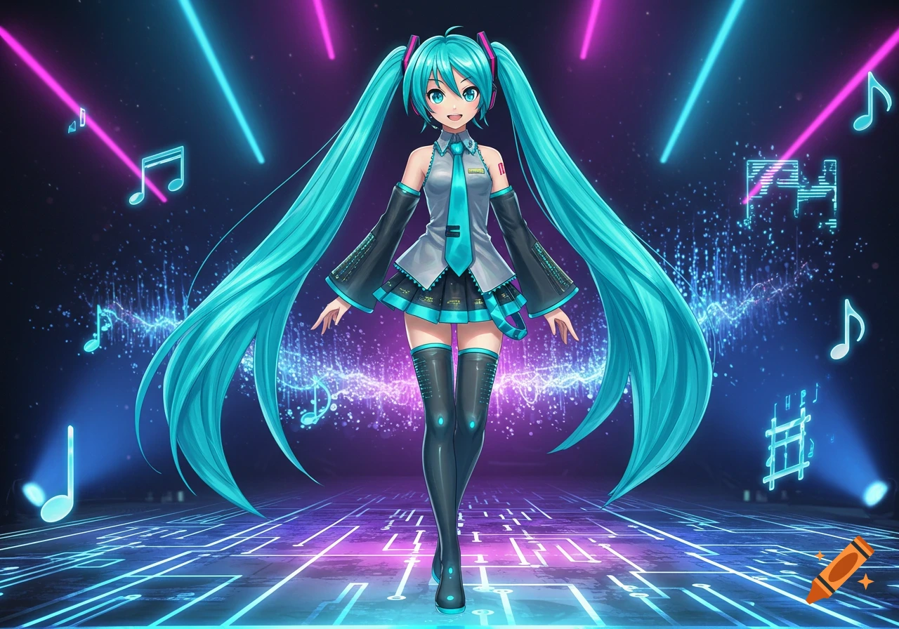 An anime character resembling Hatsune Miku stands in a neon-lit, futuristic setting with musical notes and glowing lines, wearing her iconic teal and grey outfit.