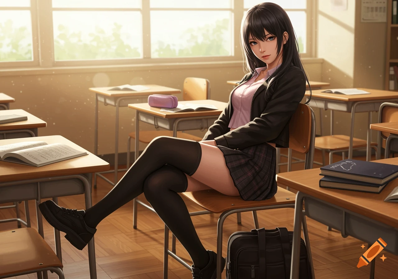 Anime-style girl with long dark hair, wearing a uniform, sitting casually at a desk in a sunlit classroom.
