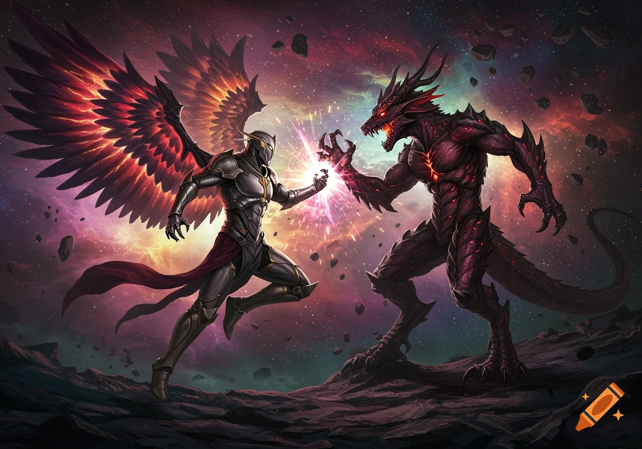 An armored, winged warrior with a glowing halo battles a menacing red dragon-like creature on a rocky terrain against a vibrant cosmic background.