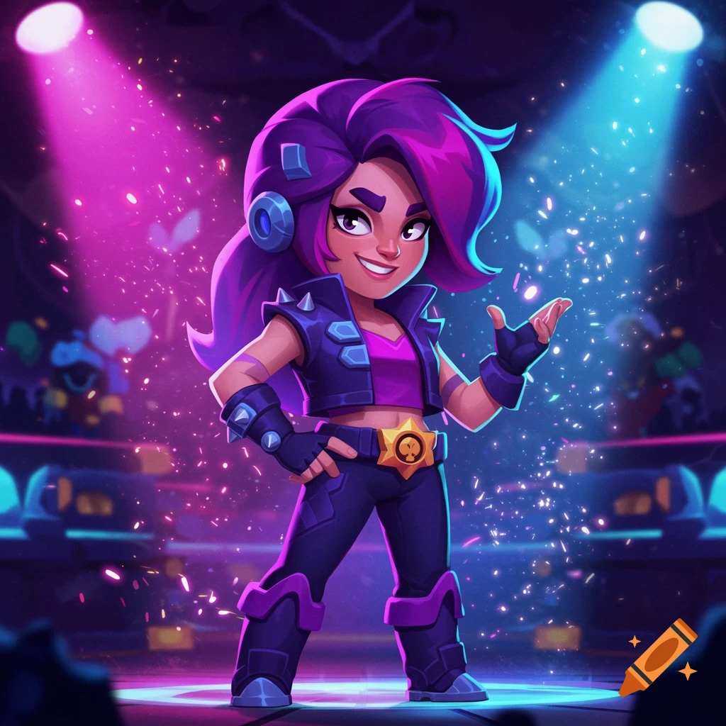 A vibrant cartoon character with purple hair and headphones in a spiky outfit stands on a stage under pink and blue spotlights.